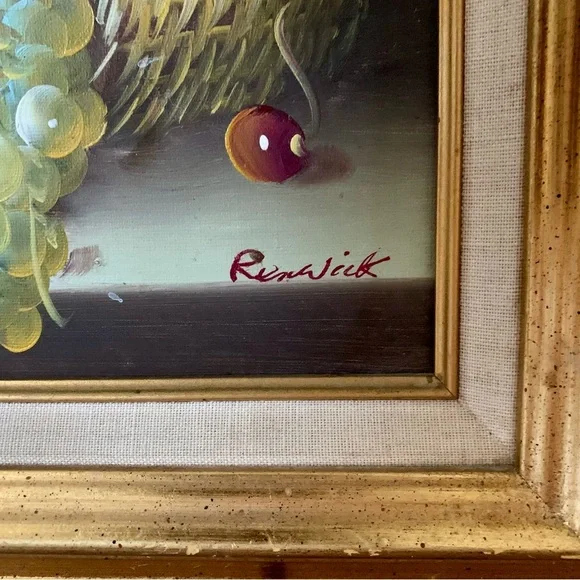 Vintage Basket Apples And Grapes Oil Signed Renwick 13/15”